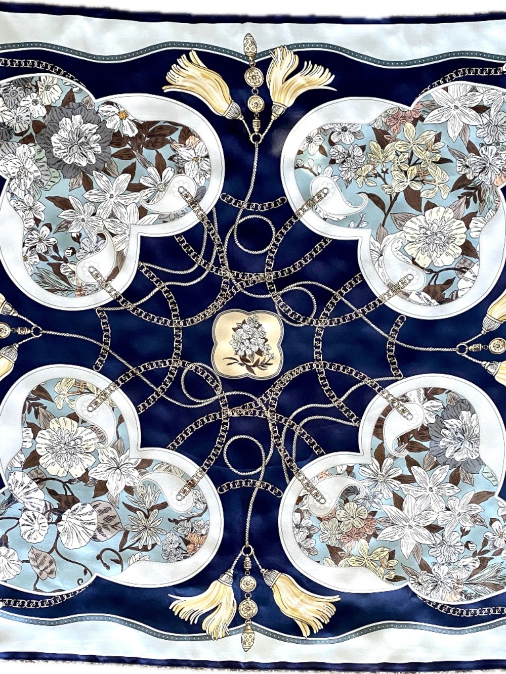 100% Genuine Silk Square Scarf Silver, Gold, Navy Blue, Floral & Chain Print New